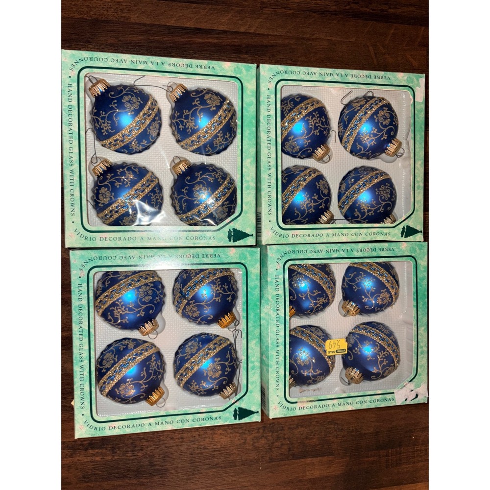 Christmas by Krebs Blue Gold Glass Ornaments Hand Decorated Set of 16 USA Made